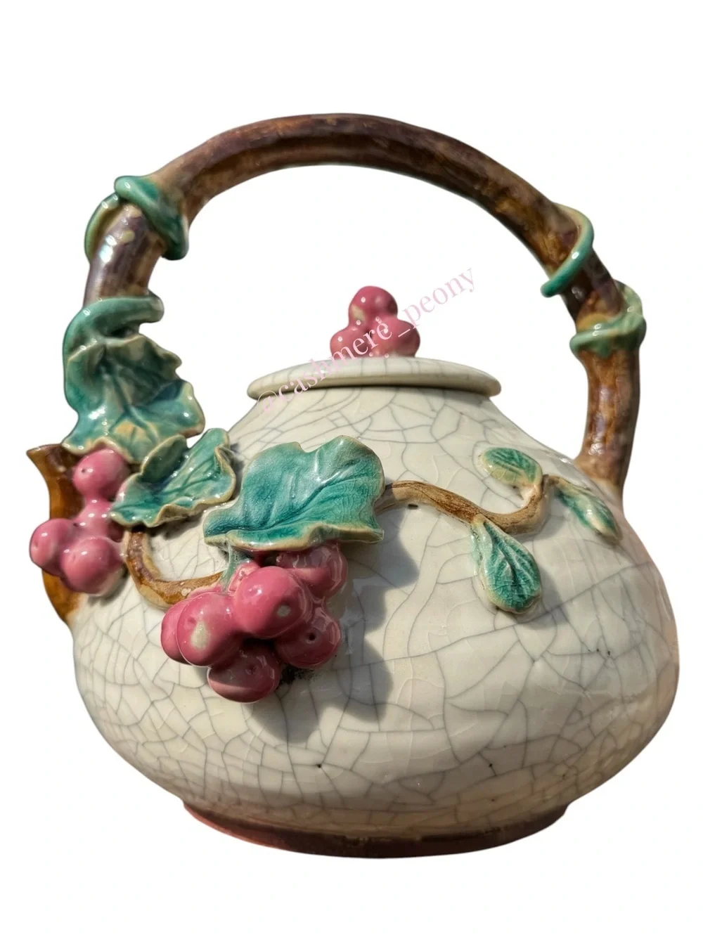 Vintage Majolica Grapewine and Leaves Crackle Glaze Ceramic Teapot